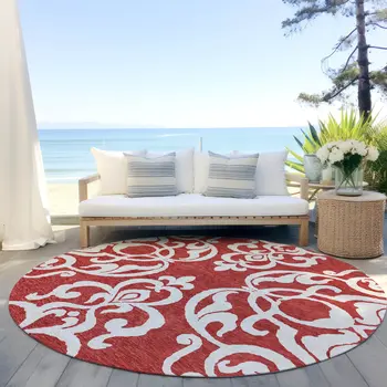8' Red And Ivory Round Damask Washable Indoor Outdoor Area Rug