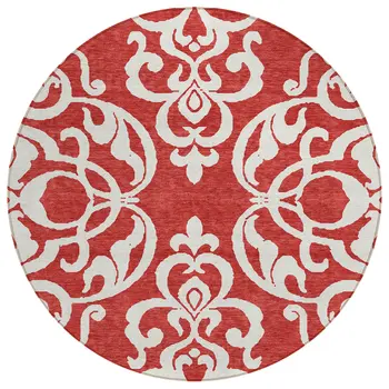 8' Red And Ivory Round Damask Washable Indoor Outdoor Area Rug
