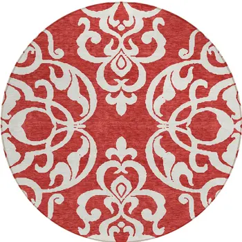8' Red And Ivory Round Damask Washable Indoor Outdoor Area Rug
