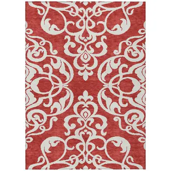 8' X 10' Red And Ivory Damask Washable Indoor Outdoor Area Rug