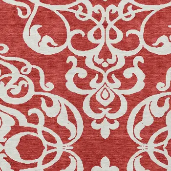 8' X 10' Red And Ivory Damask Washable Indoor Outdoor Area Rug