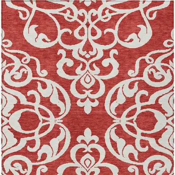9' X 12' Red And Ivory Damask Washable Indoor Outdoor Area Rug