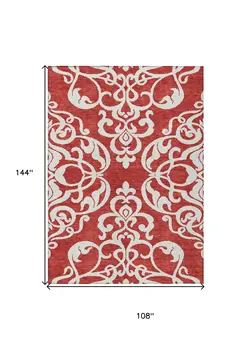 9' X 12' Red And Ivory Damask Washable Indoor Outdoor Area Rug
