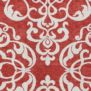9' X 12' Red And Ivory Damask Washable Indoor Outdoor Area Rug