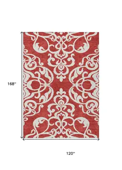 10' X 14' Red And Ivory Damask Washable Indoor Outdoor Area Rug