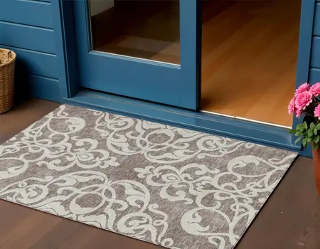 3' X 5' Taupe And Ivory Damask Washable Indoor Outdoor Area Rug