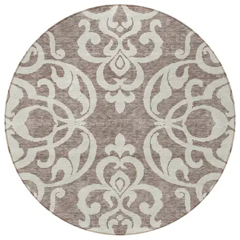 8' Taupe And Ivory Round Damask Washable Indoor Outdoor Area Rug