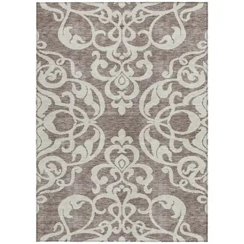 9' X 12' Taupe And Ivory Damask Washable Indoor Outdoor Area Rug