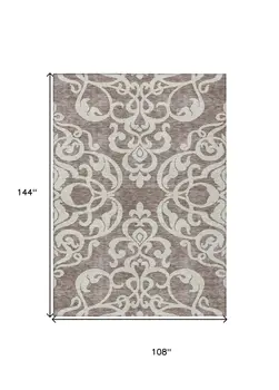 9' X 12' Taupe And Ivory Damask Washable Indoor Outdoor Area Rug
