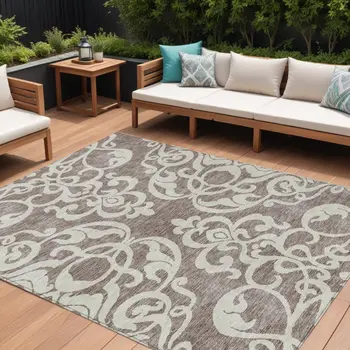 9' X 12' Taupe And Ivory Damask Washable Indoor Outdoor Area Rug