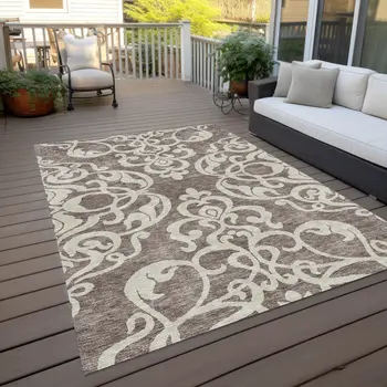 9' X 12' Taupe And Ivory Damask Washable Indoor Outdoor Area Rug