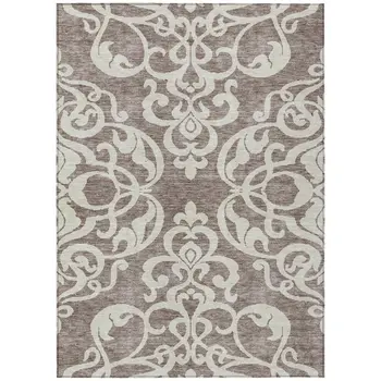 9' X 12' Taupe And Ivory Damask Washable Indoor Outdoor Area Rug