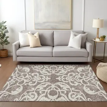 9' X 12' Taupe And Ivory Damask Washable Indoor Outdoor Area Rug