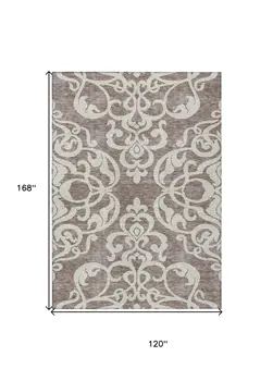 10' X 14' Taupe And Ivory Damask Washable Indoor Outdoor Area Rug