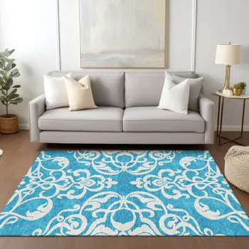3' X 5' Turquoise And Ivory Damask Washable Indoor Outdoor Area Rug