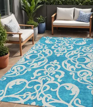 5' X 8' Turquoise And Ivory Damask Washable Indoor Outdoor Area Rug
