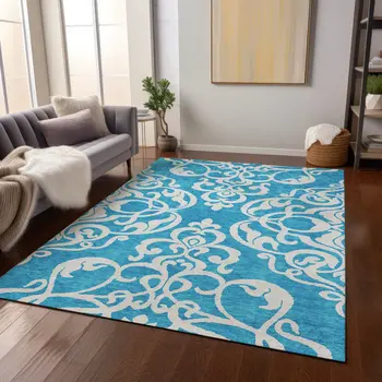5' X 8' Turquoise And Ivory Damask Washable Indoor Outdoor Area Rug