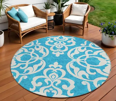 8' Turquoise And Ivory Round Damask Washable Indoor Outdoor Area Rug