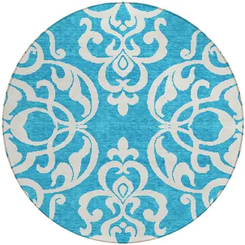 8' Turquoise And Ivory Round Damask Washable Indoor Outdoor Area Rug
