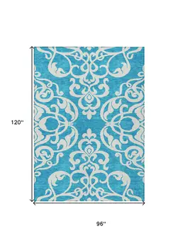 8' X 10' Turquoise And Ivory Damask Washable Indoor Outdoor Area Rug