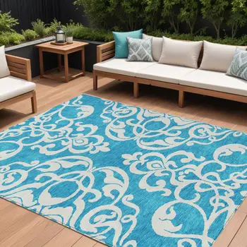 8' X 10' Turquoise And Ivory Damask Washable Indoor Outdoor Area Rug
