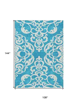 9' X 12' Turquoise And Ivory Damask Washable Indoor Outdoor Area Rug
