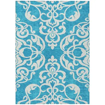 9' X 12' Turquoise And Ivory Damask Washable Indoor Outdoor Area Rug