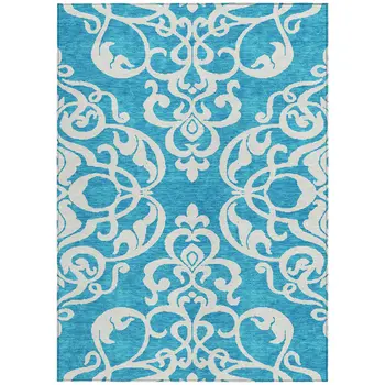 10' X 14' Turquoise And Ivory Damask Washable Indoor Outdoor Area Rug