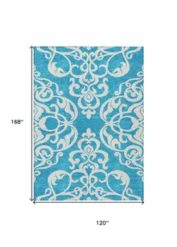 10' X 14' Turquoise And Ivory Damask Washable Indoor Outdoor Area Rug