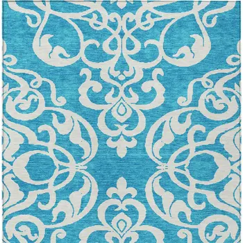 10' X 14' Turquoise And Ivory Damask Washable Indoor Outdoor Area Rug