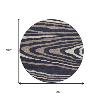 8' Black Taupe And Beige Round Faux Bois Washable Indoor Outdoor Area Rug