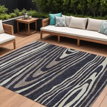 9' X 12' Black Taupe And Beige Faux Bois Washable Indoor Outdoor Area Rug