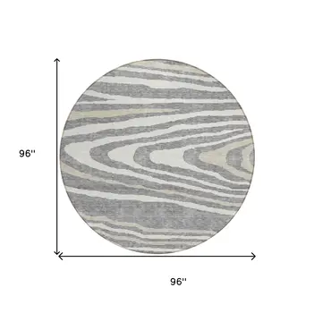 8' Gray Ivory And Beige Round Faux Bois Washable Indoor Outdoor Area Rug