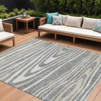 8' X 10' Gray Ivory And Beige Faux Bois Washable Indoor Outdoor Area Rug