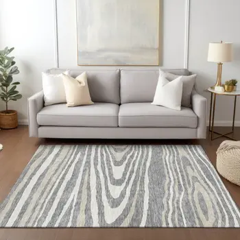 9' X 12' Gray Ivory And Beige Faux Bois Washable Indoor Outdoor Area Rug