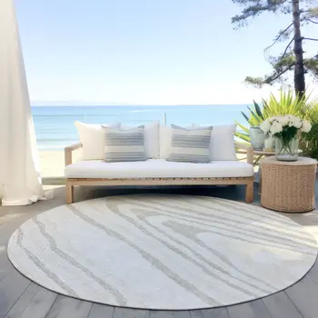 8' Ivory Beige And Taupe Round Faux Bois Washable Indoor Outdoor Area Rug