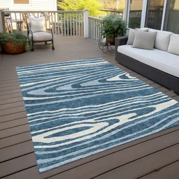 3' X 5' Navy Blue Denim Blue And Ivory Faux Bois Washable Indoor Outdoor Area Rug