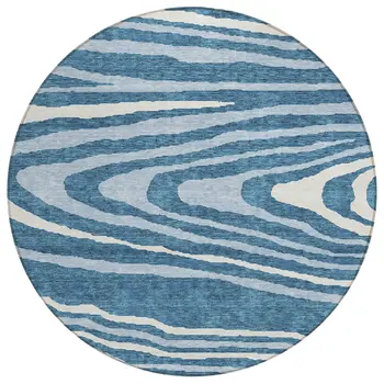 8' Navy Blue Denim Blue And Ivory Round Faux Bois Washable Indoor Outdoor Area Rug