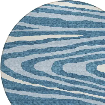 8' Navy Blue Denim Blue And Ivory Round Faux Bois Washable Indoor Outdoor Area Rug