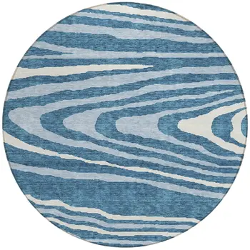 8' Navy Blue Denim Blue And Ivory Round Faux Bois Washable Indoor Outdoor Area Rug