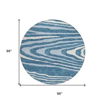 8' Navy Blue Denim Blue And Ivory Round Faux Bois Washable Indoor Outdoor Area Rug