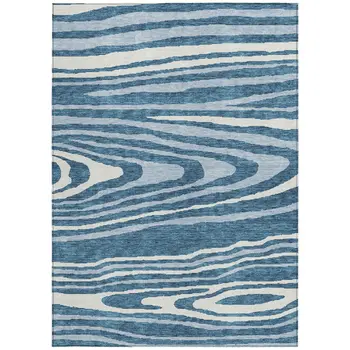 8' X 10' Navy Blue Denim Blue And Ivory Faux Bois Washable Indoor Outdoor Area Rug