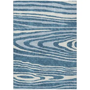 9' X 12' Navy Blue Denim Blue And Ivory Faux Bois Washable Indoor Outdoor Area Rug