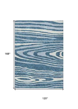 10' X 14' Navy Blue Denim Blue And Ivory Faux Bois Washable Indoor Outdoor Area Rug