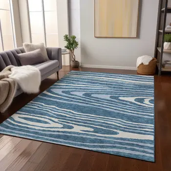 10' X 14' Navy Blue Denim Blue And Ivory Faux Bois Washable Indoor Outdoor Area Rug