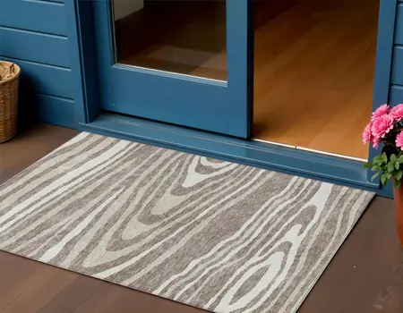 3' X 5' Taupe Ivory And Khaki Faux Bois Washable Indoor Outdoor Area Rug