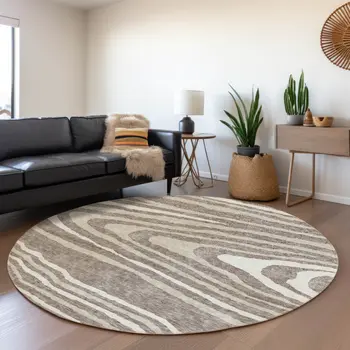 8' Taupe Ivory And Khaki Round Faux Bois Washable Indoor Outdoor Area Rug