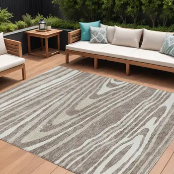 8' X 10' Taupe Ivory And Khaki Faux Bois Washable Indoor Outdoor Area Rug