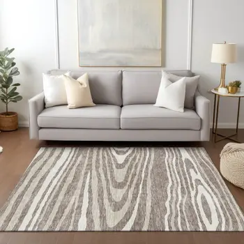 10' X 14' Taupe Ivory And Khaki Faux Bois Washable Indoor Outdoor Area Rug