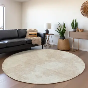 8' Beige And Ivory Round Abstract Washable Indoor Outdoor Area Rug